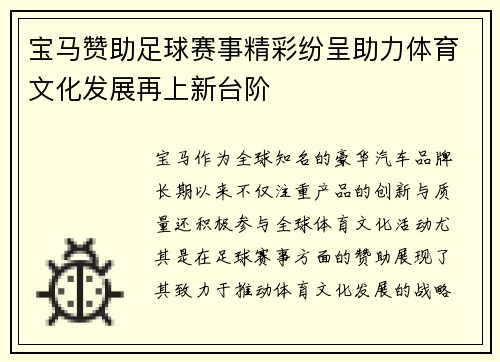 宝马赞助足球赛事精彩纷呈助力体育文化发展再上新台阶