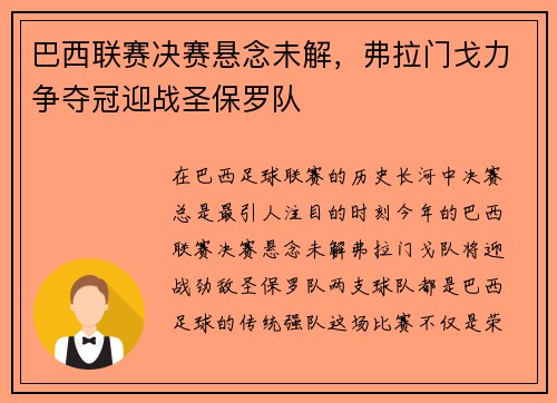 巴西联赛决赛悬念未解，弗拉门戈力争夺冠迎战圣保罗队