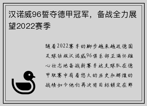汉诺威96誓夺德甲冠军，备战全力展望2022赛季