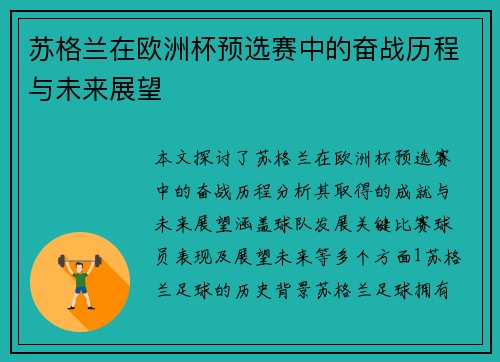 苏格兰在欧洲杯预选赛中的奋战历程与未来展望