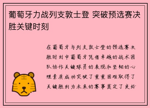 葡萄牙力战列支敦士登 突破预选赛决胜关键时刻