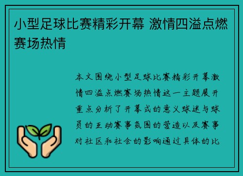 小型足球比赛精彩开幕 激情四溢点燃赛场热情