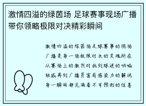 激情四溢的绿茵场 足球赛事现场广播带你领略极限对决精彩瞬间