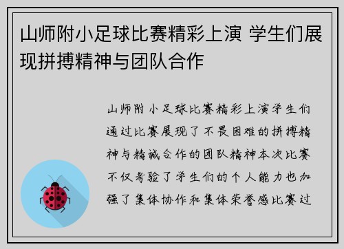 山师附小足球比赛精彩上演 学生们展现拼搏精神与团队合作