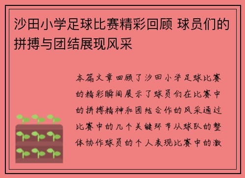 沙田小学足球比赛精彩回顾 球员们的拼搏与团结展现风采