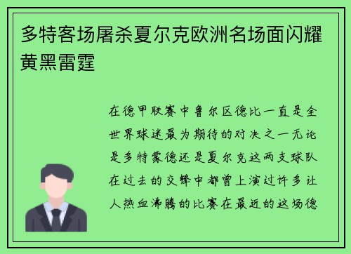 多特客场屠杀夏尔克欧洲名场面闪耀黄黑雷霆