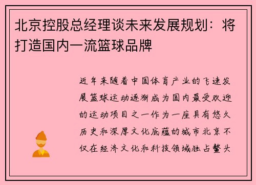 北京控股总经理谈未来发展规划：将打造国内一流篮球品牌