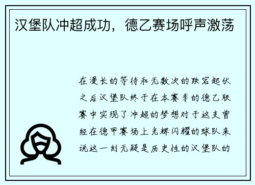 汉堡队冲超成功，德乙赛场呼声激荡
