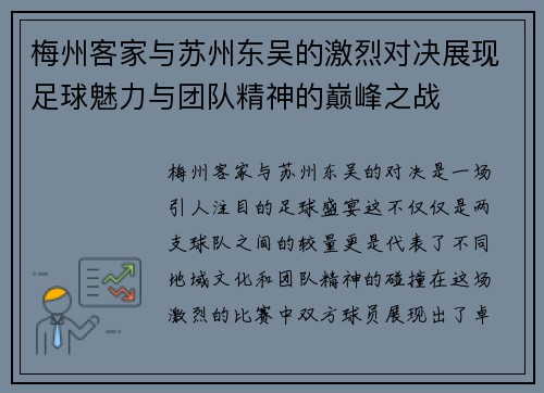 梅州客家与苏州东吴的激烈对决展现足球魅力与团队精神的巅峰之战