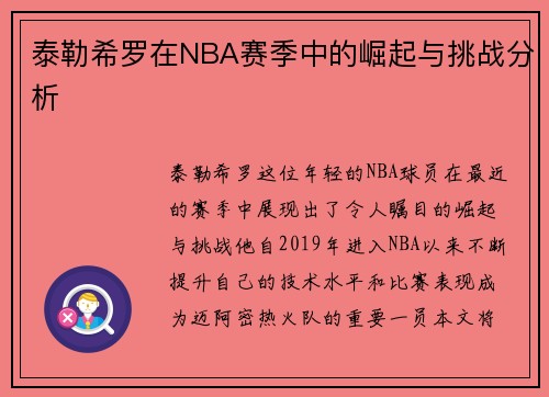 泰勒希罗在NBA赛季中的崛起与挑战分析