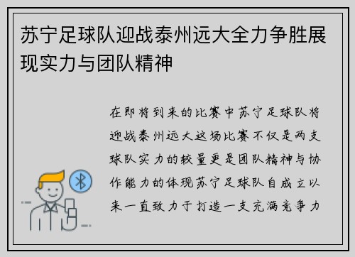 苏宁足球队迎战泰州远大全力争胜展现实力与团队精神