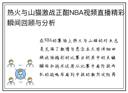 热火与山猫激战正酣NBA视频直播精彩瞬间回顾与分析