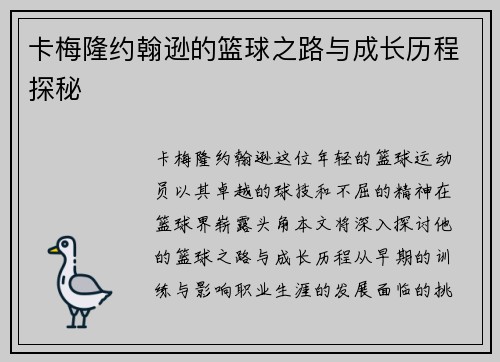 卡梅隆约翰逊的篮球之路与成长历程探秘