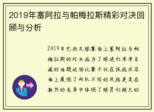 2019年塞阿拉与帕梅拉斯精彩对决回顾与分析