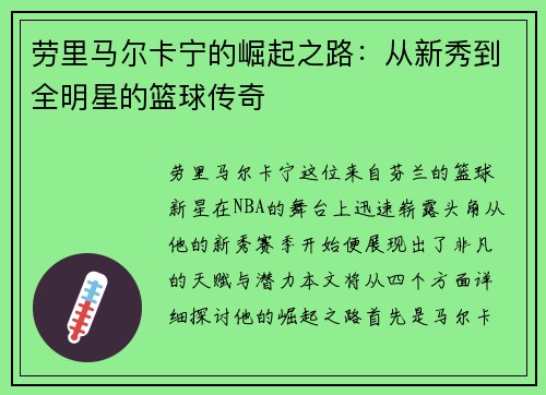 劳里马尔卡宁的崛起之路：从新秀到全明星的篮球传奇
