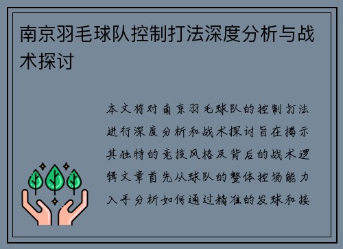 南京羽毛球队控制打法深度分析与战术探讨