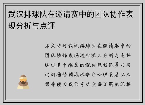 武汉排球队在邀请赛中的团队协作表现分析与点评
