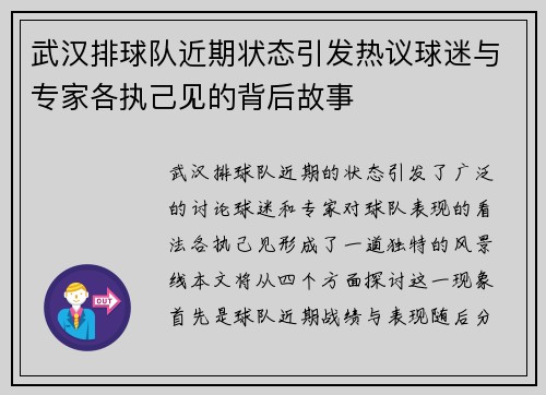 武汉排球队近期状态引发热议球迷与专家各执己见的背后故事